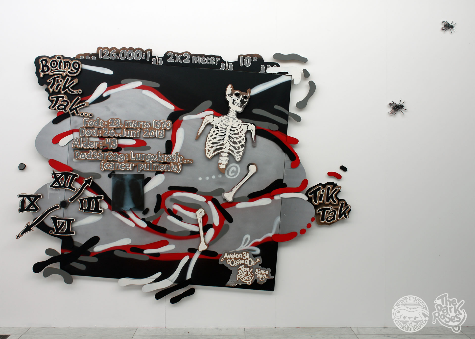★ 2x2m 10 degree ★ 200X200 cm. X-ray of lungs. Acrylic, ink and spraypaint on canvas and cardboard by Avelon 31 and DoggieDoe - The Dark Roses - Kunsten, Aalborg Museum, Denmark 20. March 2013